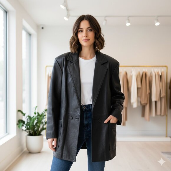 Vintage 80s Northside Fashions Genuine Leather Oversized Blazer Jacket – Made in - Picture 1 of 10